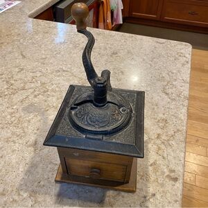 Vintage Wooden Coffee Grinder with Black Metal Top